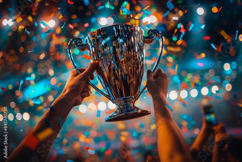 Germany's UEFA Euro 2024 soccer championship cup held high by two hands, in the middle of a celebration on a soccer field with confetti everywhere