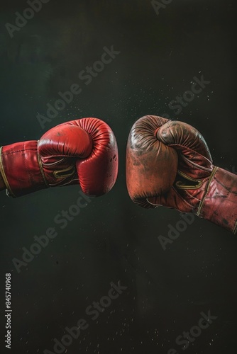 A close-up shot of two red boxing gloves colliding in mid-air