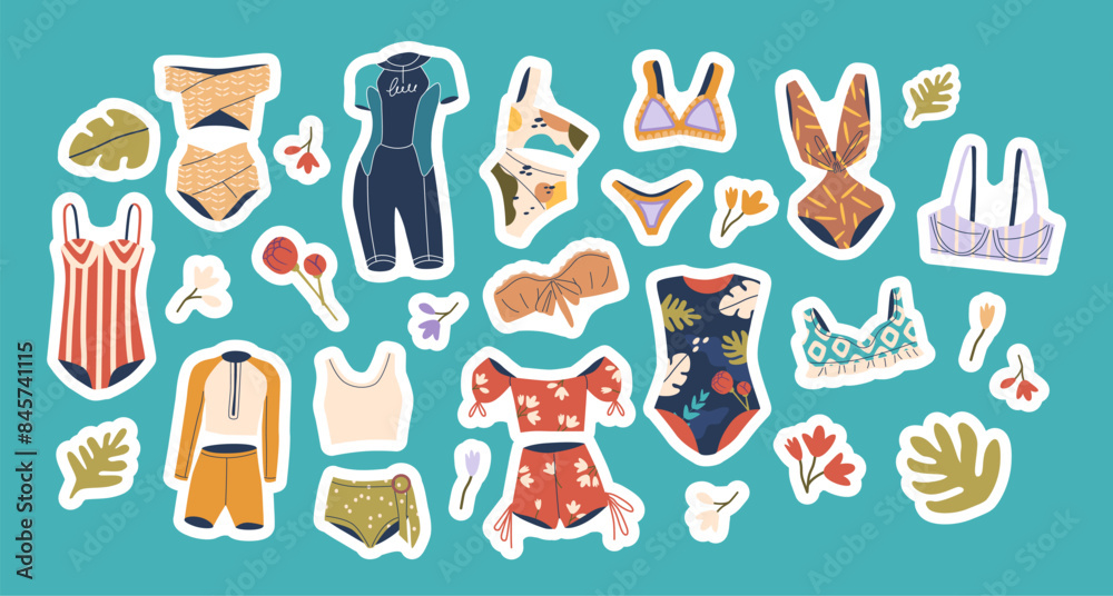 Collection Of Colorful Women Swimsuits, Bikinis And Summer Attire Stickers. Cartoon Vector Patches For Beach Designs Collection Of Colorful Women Swimsuits, Bikinis And Summer Attire Stickers. Cartoon Vector Patches For Beach Designs