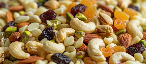 Mix of White Nuts and Dried Fruits Including Almonds, Cashews, Pistachios, and Raisins photo