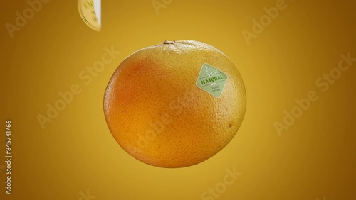 A sticker is placed on the orange that says organic and natural product. 4k footage, 3d.