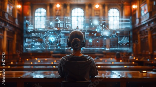 A student studies law in a futuristic classroom with holographic displays showing virtual courtrooms and legal information.