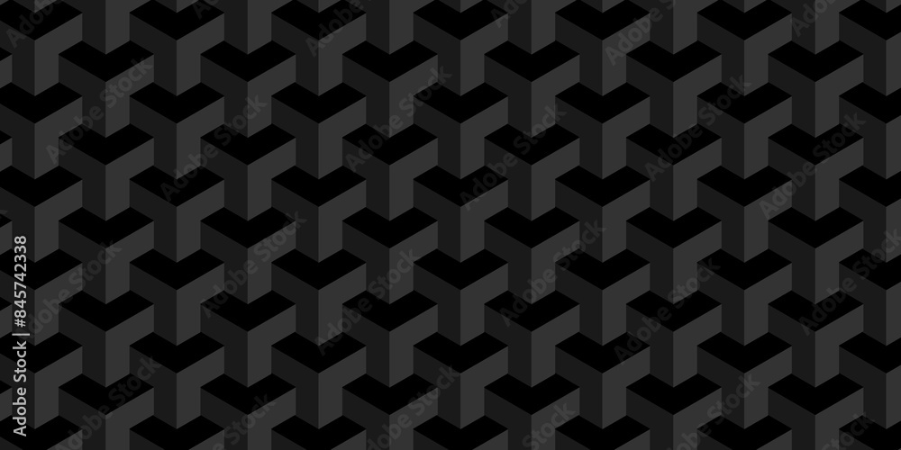 Minimal cubes geometric tile and mosaic wall grid backdrop hexagon technology wallpaper background. Black and gray block cube structure backdrop grid triangle texture vintage design.