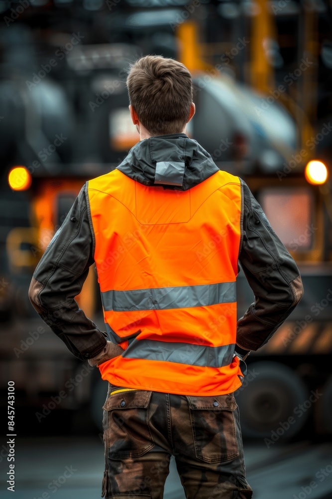Fototapeta premium Worker in bright safety vest supervising operations at the bustling and active cargo port