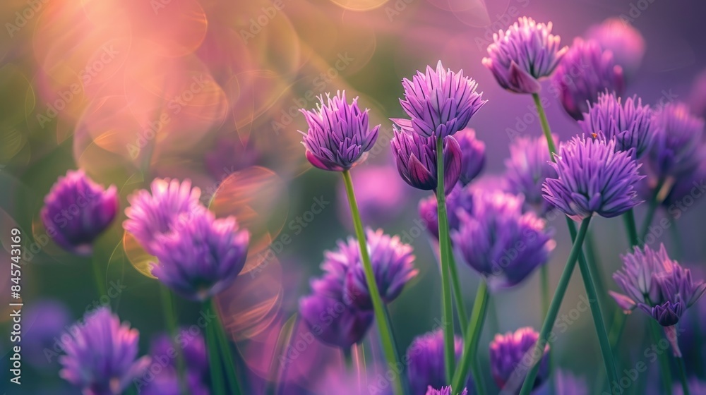The chives display purple blossoms The chives display purple blossoms