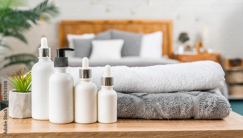 Bottles on the background of the spa room. Skin care serum or natural cosmetics with essential oil. face and body beauty concept Bottles on the background of the spa room. Skin care serum or natural cosmetics with essential oil. face and body beauty concept