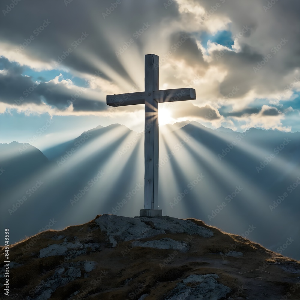 Christian cross with god ray on Jesus Christ In The Clouds Of Heaven blue sky background. Generative Ai Christian cross with god ray on Jesus Christ In The Clouds Of Heaven blue sky background. Generative Ai