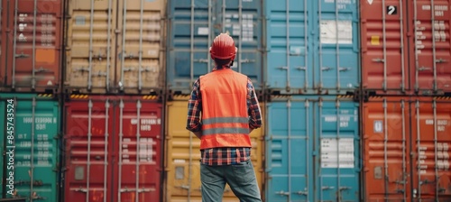 Supervisor in high visibility vest overseeing operations at bustling cargo port for efficiency