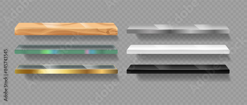 Collection Of Six Shelves Made From Wood, Glass, Metal, And Plastic Materials Isolated On Transparent Background