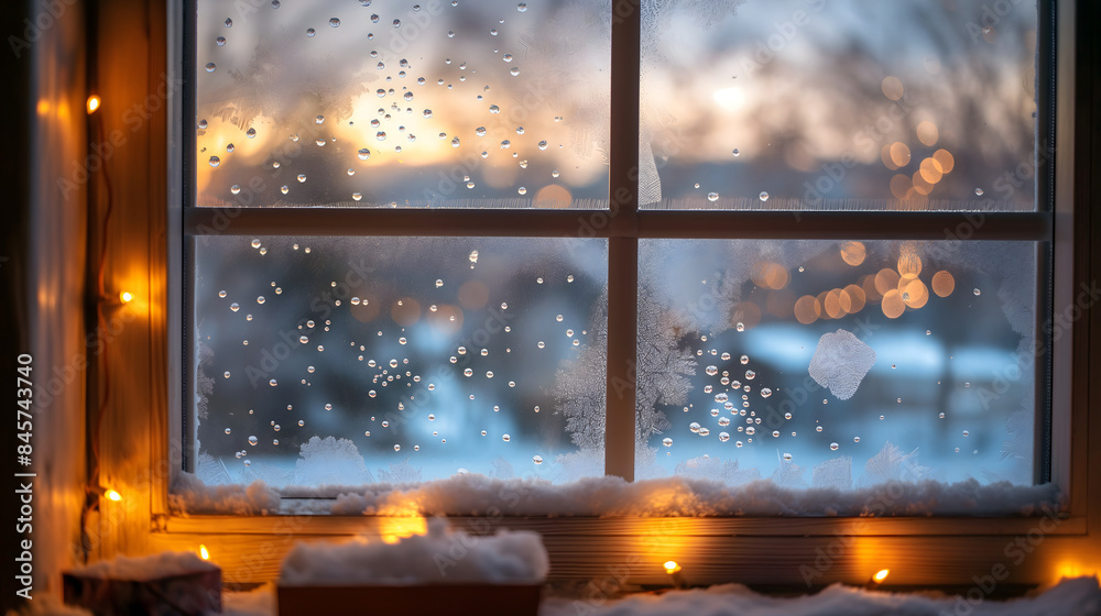 Fototapeta premium A Christmas window view, with lights and snow
