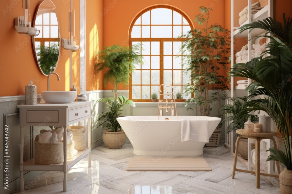 Fototapeta premium Modern stylish bathroom with white bathtub and light peach walls in a minimalist style in a simple hotel room or spa apartment. Interior design concept