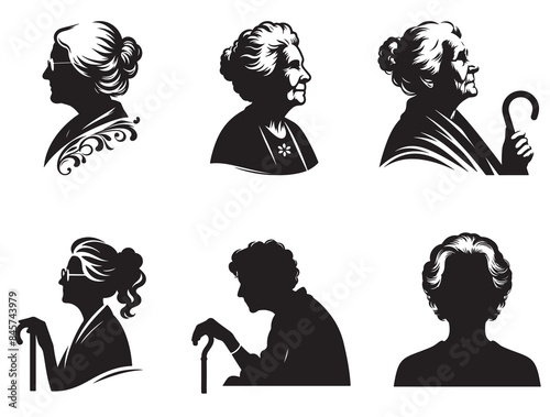 Silhouettes vector illustration set of old lady