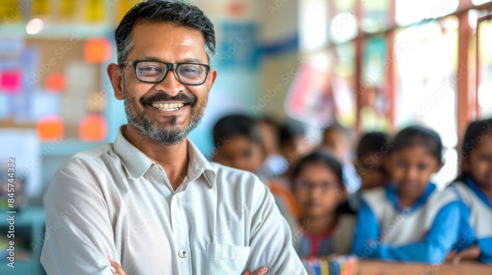 Indian teacher smiling sits in class against the backdrop of a blurred classroom with students. Back to school concept. Indian teacher smiling sits in class against the backdrop of a blurred classroom with students. Back to school concept.