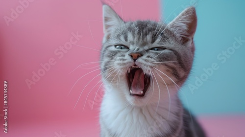 American Wirehair, angry cat baring its teeth, studio lighting pastel background photo