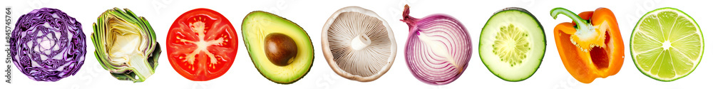 PNG Colorful fresh sliced vegetables fruits set PNG Colorful fresh sliced vegetables fruits set