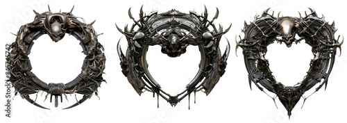 Set of massive horror metal frame with alien parts on transparent background
