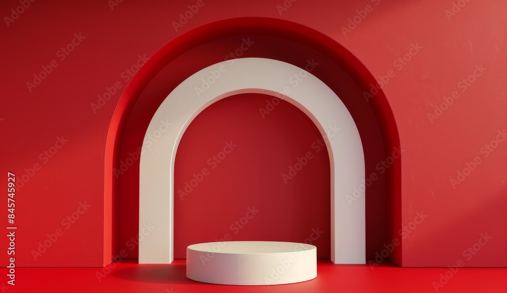3D rendered podium with archway on vibrant red background for product display 3D rendered podium with archway on vibrant red background for product display