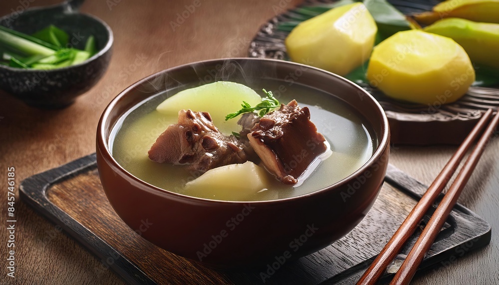 Double-boiled Spare Rib Soup with Chinese Yam and Snow Pear with chopsticks served in a dish Double-boiled Spare Rib Soup with Chinese Yam and Snow Pear with chopsticks served in a dish