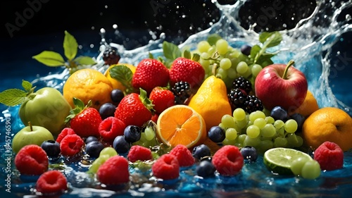 a multicolor of fresh fruits and vegetables collide with a splash of  water.