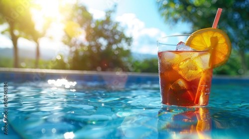 A refreshing cocktail garnished with a lemon slice and served with a straw sits by the pool on a sunny summer day. Perfect for relaxation and enjoyment
