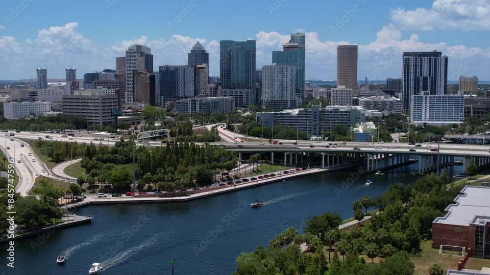 Beautiful cinematic aerial view of the Tampa bay City, it's  Skyscrapers and Ybor city 