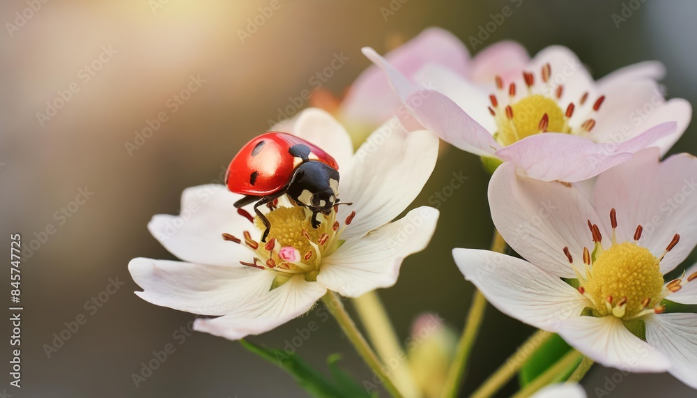 Naklejka premium Nature's Delicate Harmony- Ladybug Perched Gracefully on a Blossoming Flower