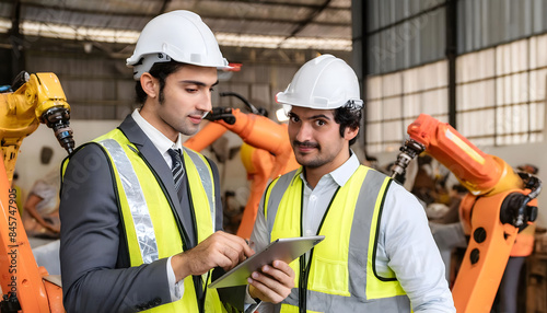 Two Men in Safety Vests Looking at a Tablet