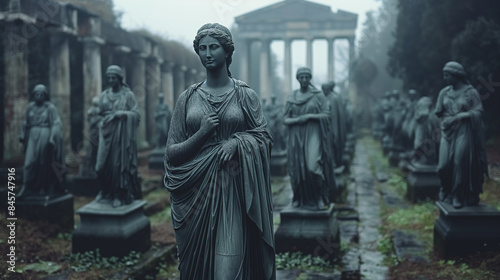 Foggy ancient cemetery with stone statues