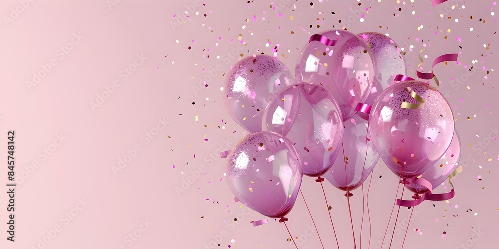 Sparkling Amethyst Party Balloons with Confetti and Banner on Serene Dusty Rose Background