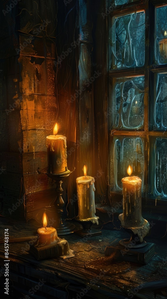 Naklejka premium Candles on a table in front of a window, flickering candles in a haunted house 