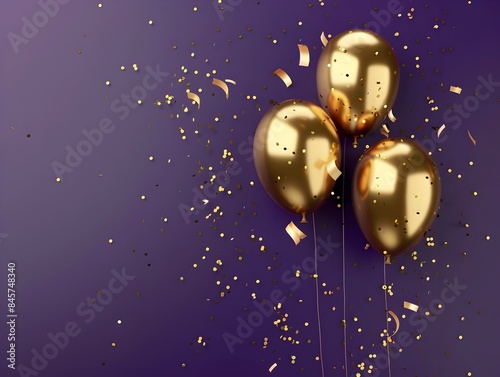 Metallic Gold Party Balloons with Confetti on Deep Purple Backdrop for or Event Promotion
