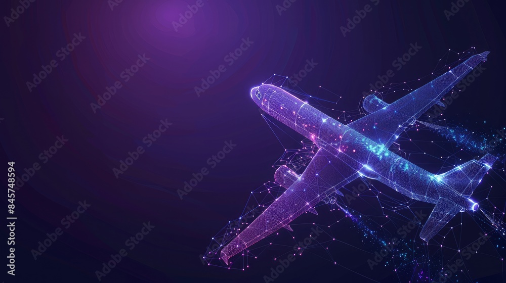 A digital 3D futuristic airplane flying upward symbolizes future aviation and modern technology rendered in low poly bluepurple wireframe with connected dots lines and stars in an A digital 3D futuristic airplane flying upward symbolizes future aviation and modern technology rendered in low poly bluepurple wireframe with connected dots lines and stars in an