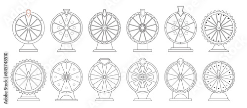 Black And White Outline Vector Illustrations Of Twelve Different Wheel Of Fortune Designs. Linear Monochrome Icons Set