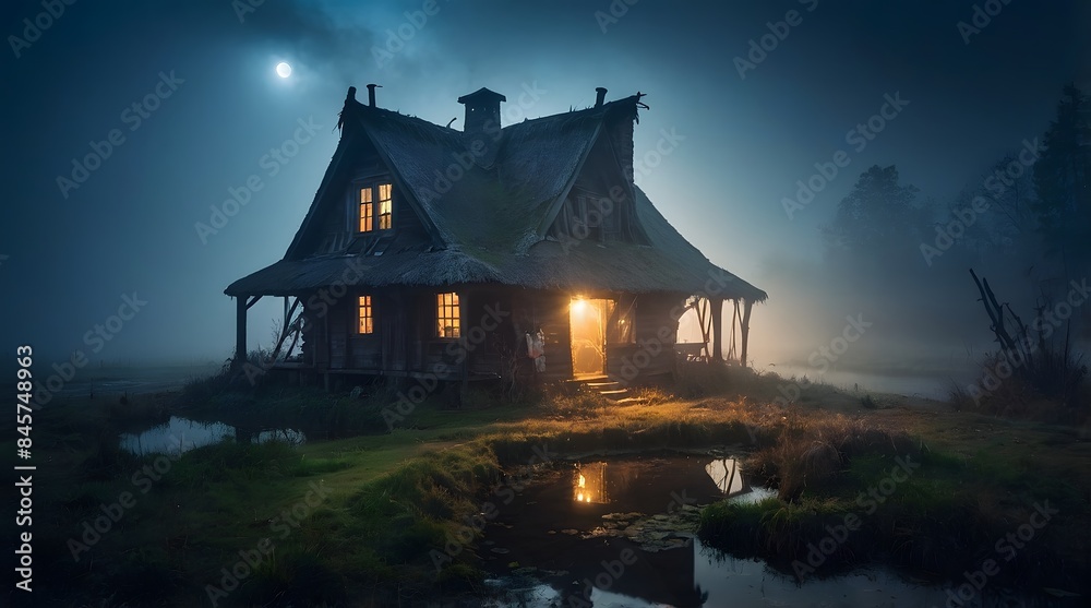 A witch and wizard's hut in the middle of an abandoned pond and a scary atmosphere, thick fog on the pond, at night A witch and wizard's hut in the middle of an abandoned pond and a scary atmosphere, thick fog on the pond, at night