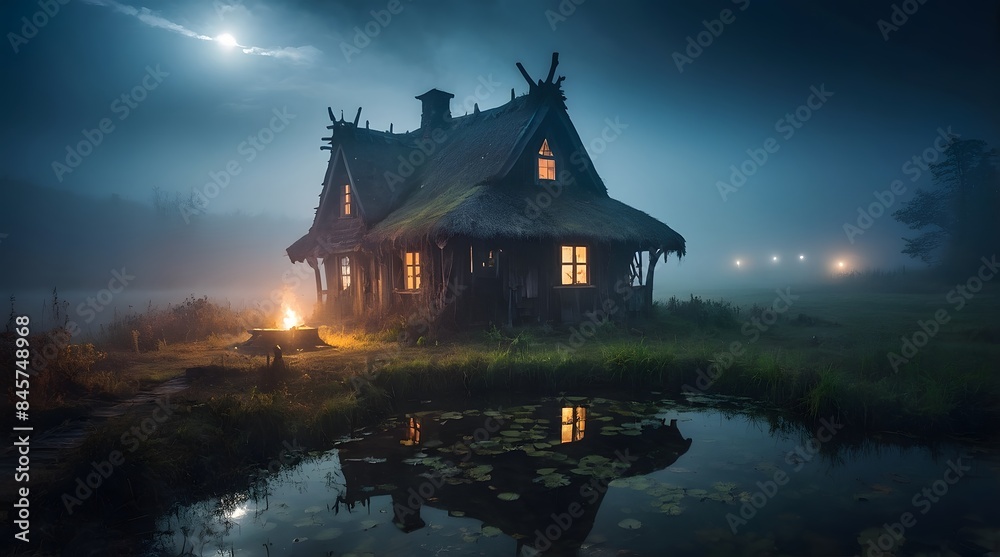 A witch and wizard's hut in the middle of an abandoned pond and a scary atmosphere, thick fog on the pond, at night A witch and wizard's hut in the middle of an abandoned pond and a scary atmosphere, thick fog on the pond, at night
