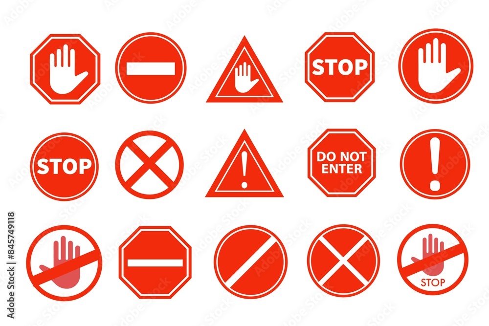 Enhance safety visuals with our Stop Red Sign Icon Set. Warning symbol with white hand. Ideal for traffic-related designs. Set stop red sign icon with white hand, do not enter. Enhance safety visuals with our Stop Red Sign Icon Set. Warning symbol with white hand. Ideal for traffic-related designs. Set stop red sign icon with white hand, do not enter.