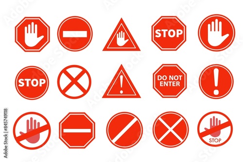 Enhance safety visuals with our Stop Red Sign Icon Set. Warning symbol with white hand. Ideal for traffic-related designs. Set stop red sign icon with white hand, do not enter. photo