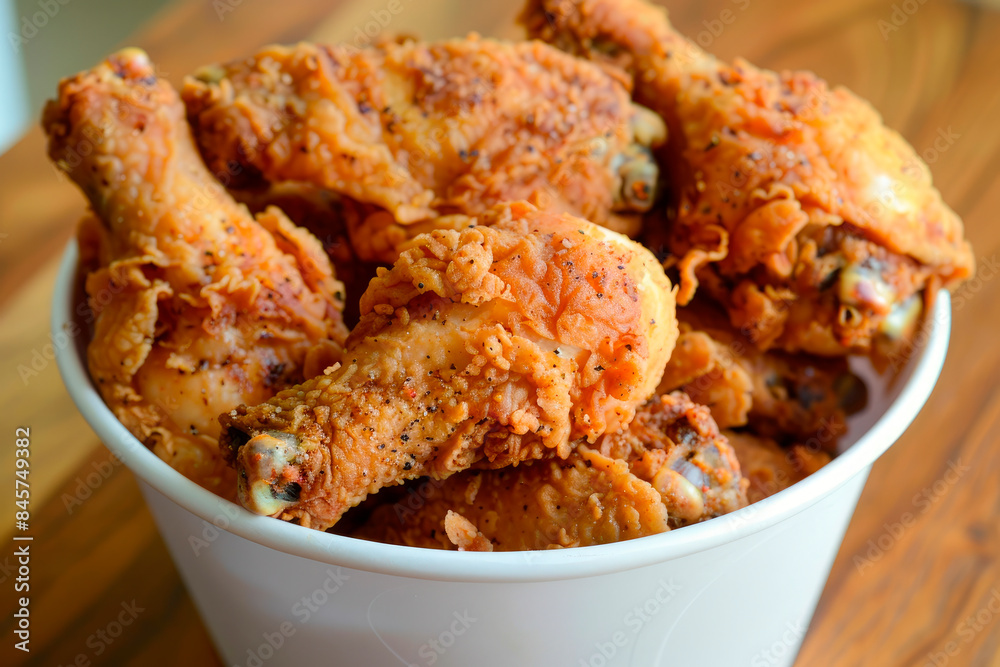 Crispy fried chicken in the bucket on wooden table Crispy fried chicken in the bucket on wooden table