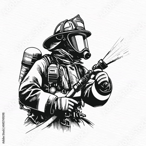 Firefighter with Hose and Mask Silhouette Vector Art