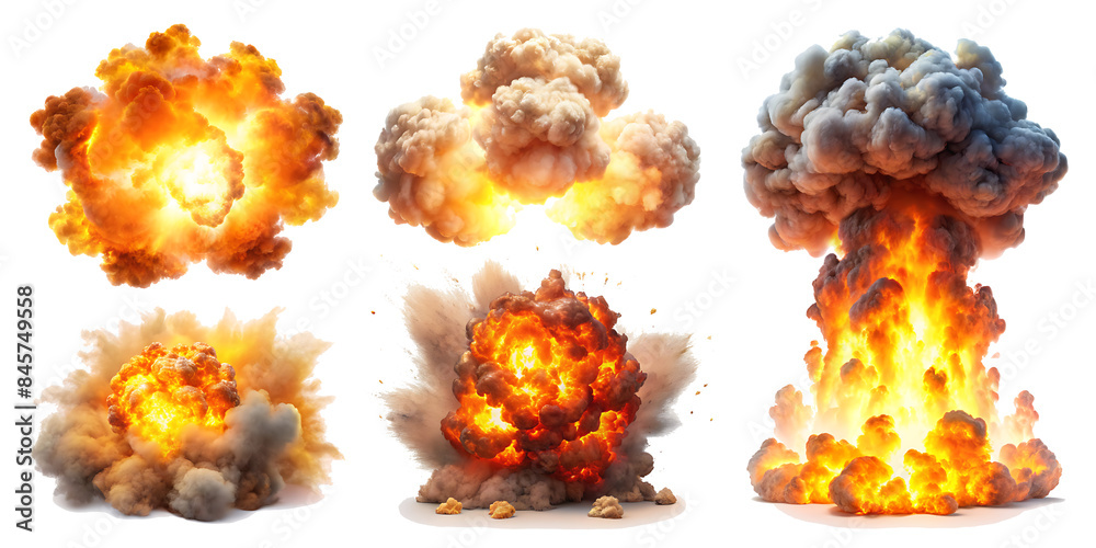 Set of explosions isolated on white background. PNG AI GENERATED Set of explosions isolated on white background. PNG AI GENERATED