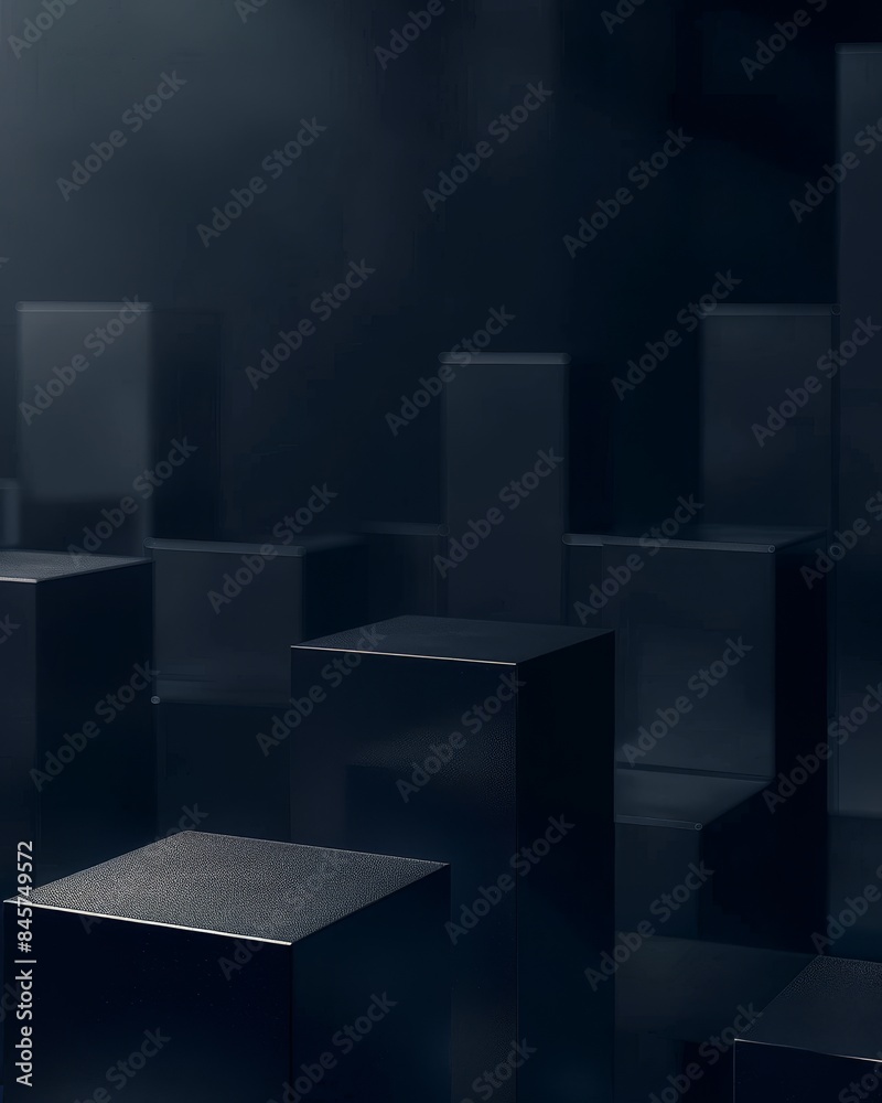 Dark room with minimalistic black cube boxes in a geometric arrangement Dark room with minimalistic black cube boxes in a geometric arrangement