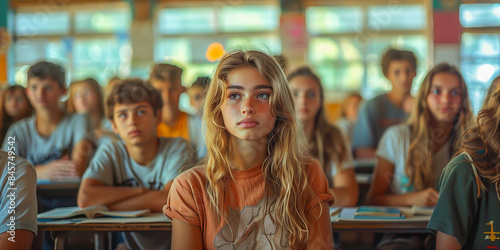 A young woman sits in a classroom filled with other students, her gaze directed upwards, lost in thought. The setting is a bright, summery classroom, suggesting a relaxed and informal learning environ