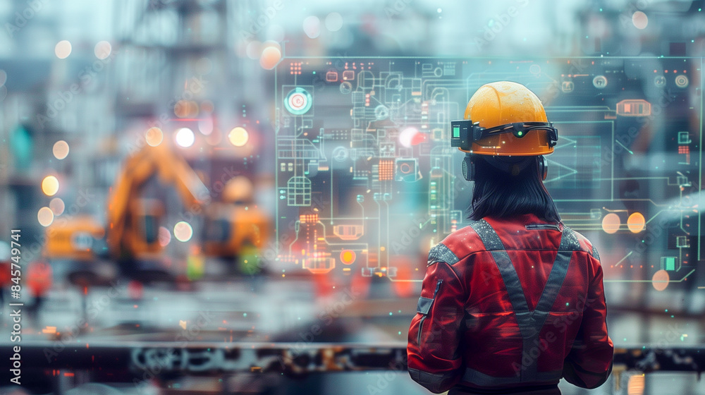 A construction worker, wearing a hard hat and safety gear, looks at a digital display showcasing futuristic construction technologies, likely a simulation of a complex project A construction worker, wearing a hard hat and safety gear, looks at a digital display showcasing futuristic construction technologies, likely a simulation of a complex project