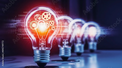 Visionary light bulb with holographic technology symbols, gears, circuit boards, and binary codes