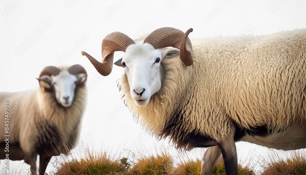 Sheep with horns walking on an isolated white background, looking at the camera. Sheep with horns walking on an isolated white background, looking at the camera.