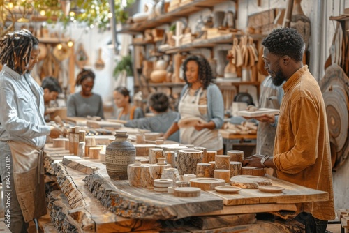 Diverse Adults Engage in Woodworking Class Under Expert Guidance in Bright Workshop