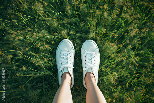 Close-up of female legs in white sneakers on green grass background