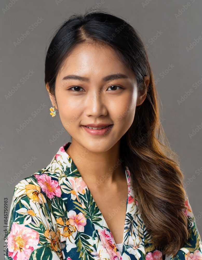 portrait of beautiful Asian woman with shoulder length hair in a floral robe smiling portrait of beautiful Asian woman with shoulder length hair in a floral robe smiling