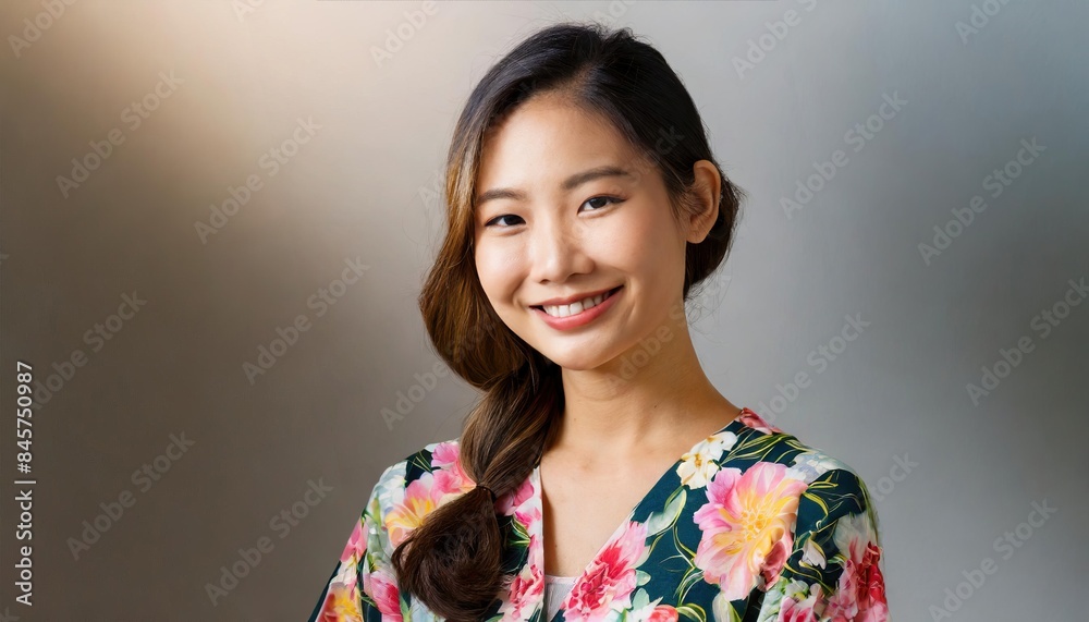 portrait of beautiful Asian woman with shoulder length hair in a floral robe smiling portrait of beautiful Asian woman with shoulder length hair in a floral robe smiling