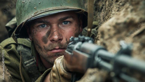 Soldier intensely focuses down the sight of his rifle, camouflaged in muddy trenches ready for battle.
